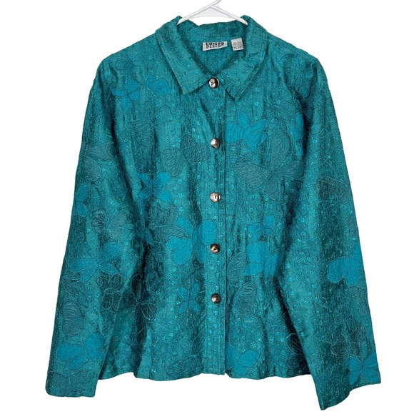Chico's Design Tops - Vintage Chico's Teal Floral Button Up Blouse L Butterfly Silk Artsy Boho Retro